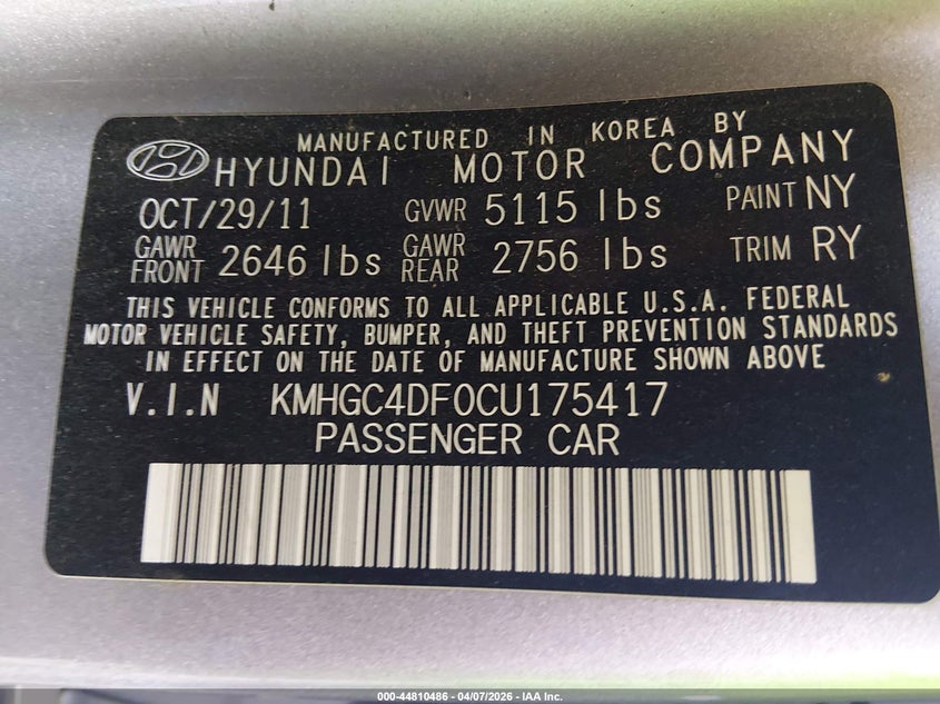 2012 Hyundai Genesis 4.6 VIN: KMHGC4DF0CU175417 Lot: 44810486