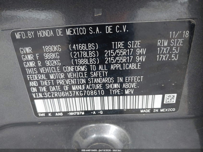 2019 Honda Hr-V Lx VIN: 3CZRU6H37KG708610 Lot: 44810489