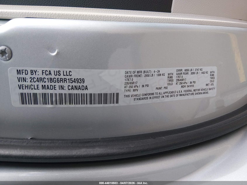 2024 Chrysler Pacifica 3.6 Touring L white Lot 111044810503 Vin 2C4RC1BG6RR154939
