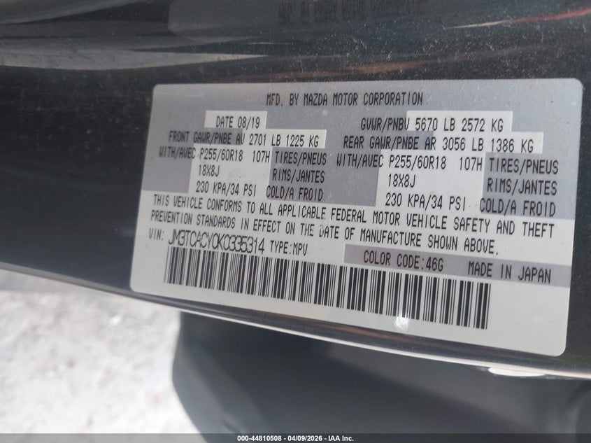 2019 Mazda Cx-9 Touring VIN: JM3TCACY0K0335314 Lot: 44810508