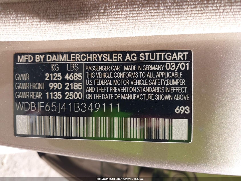 2001 Mercedes-Benz E 320 VIN: WDBJF65J41B349111 Lot: 44810513