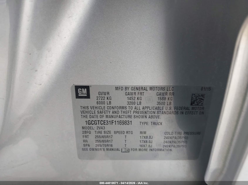 2015 Chevrolet Colorado Z71 VIN: 1GCGTCE31F1169831 Lot: 44810571