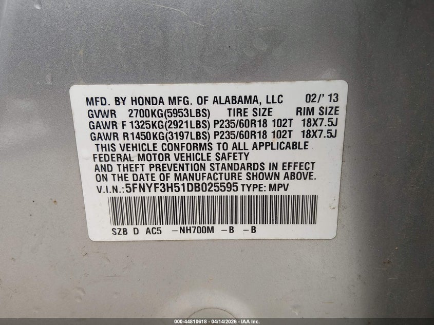 2013 Honda Pilot Ex-L VIN: 5FNYF3H51DB025595 Lot: 44810618