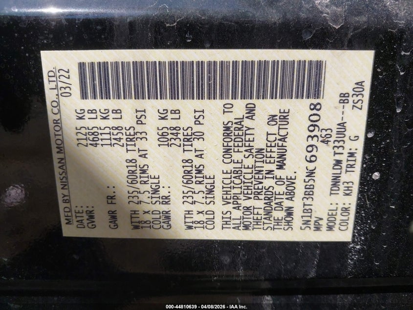 2022 Nissan Rogue Sv Intelligent Awd VIN: 5N1BT3BB5NC693908 Lot: 44810639