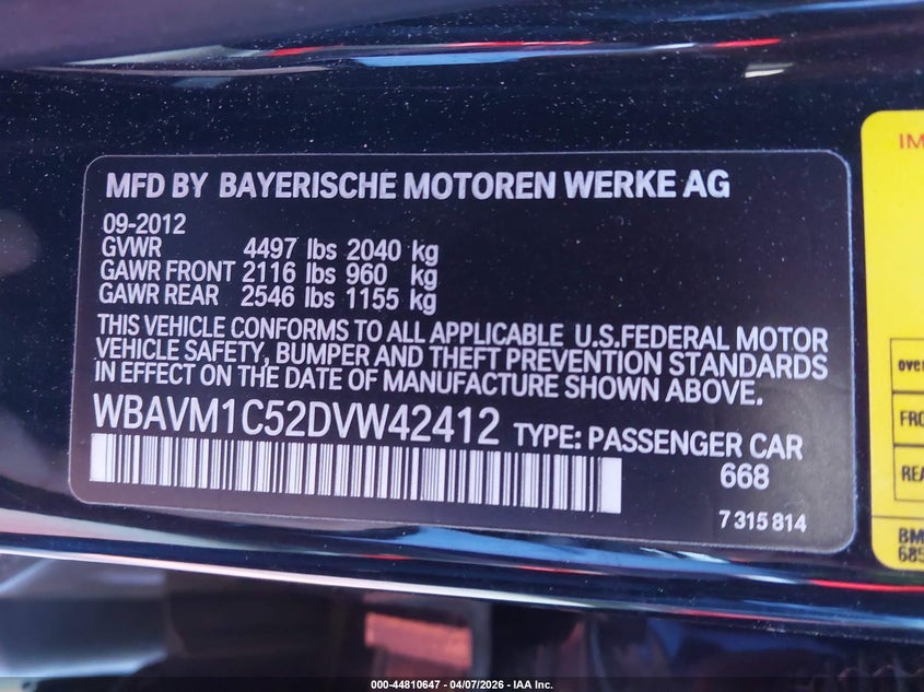 2013 BMW X1 Sdrive28I VIN: WBAVM1C52DVW42412 Lot: 44810647