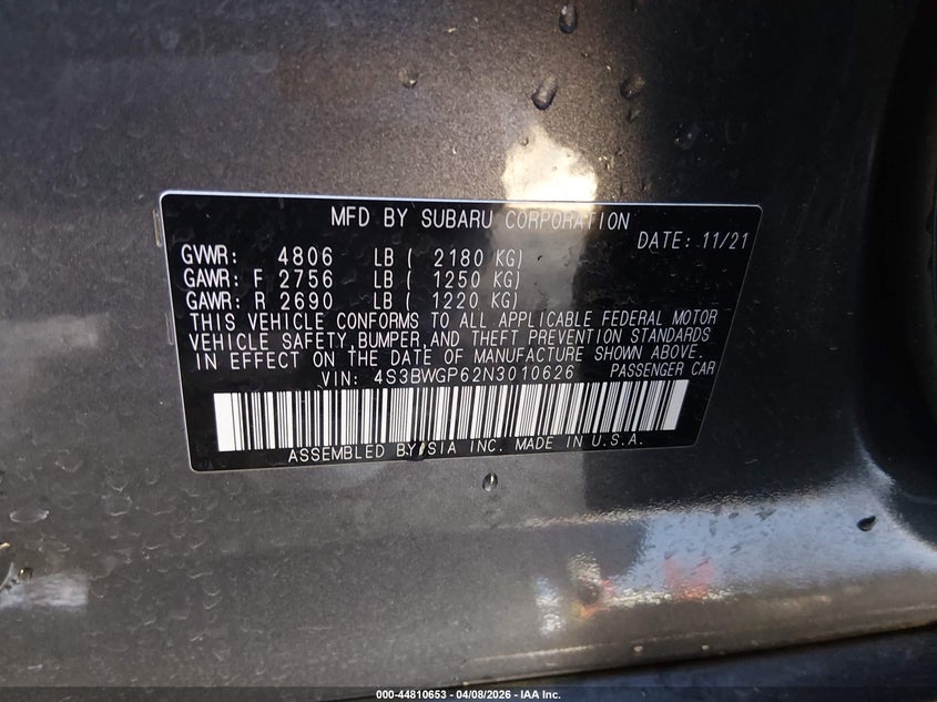 2022 Subaru Legacy Touring Xt VIN: 4S3BWGP62N3010626 Lot: 44810653