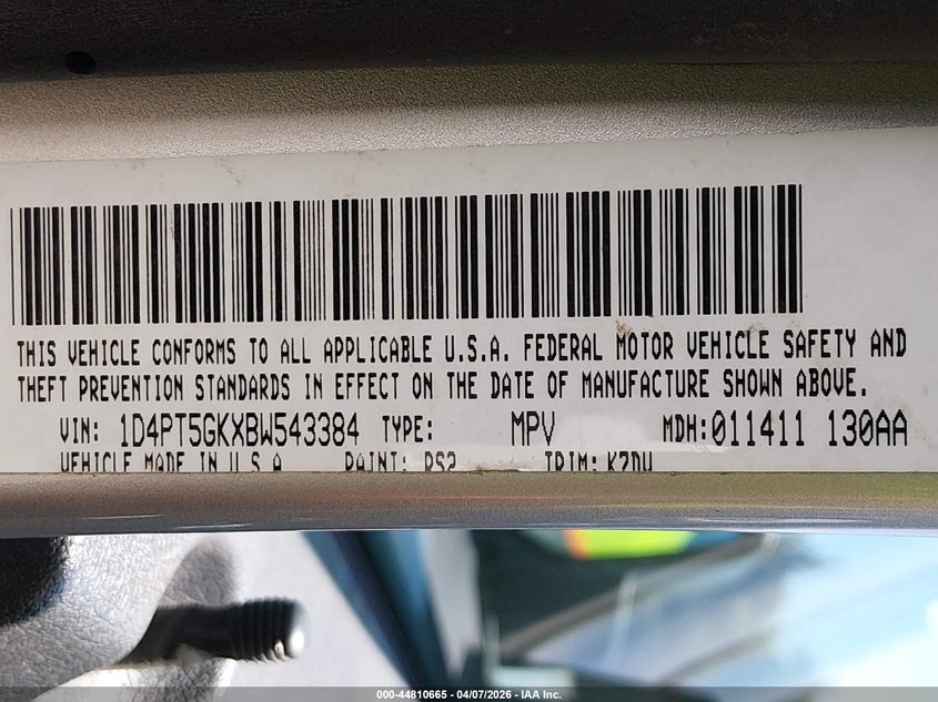 2011 Dodge Nitro Sxt VIN: 1D4PT5GKXBW543384 Lot: 44810665