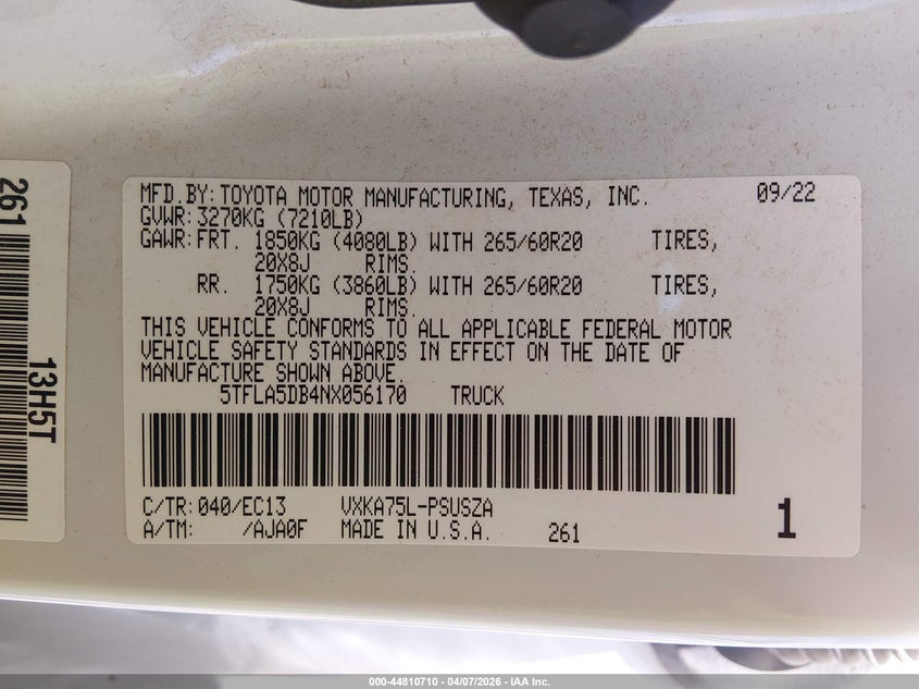 2022 Toyota Tundra Sr5 VIN: 5TFLA5DB4NX056170 Lot: 44810710