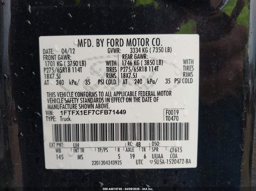 1FTFX1EF7CFB71449 2012 Ford F-150 5.0 Xlt black