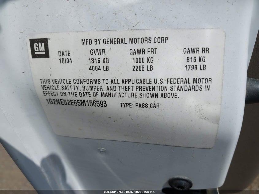 2005 Pontiac Grand Am Se VIN: 1G2NE52E65M156593 Lot: 44810756