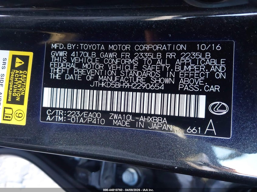 2017 Lexus Ct Ct 200H F Sport VIN: JTHKD5BH9H2290654 Lot: 44810760