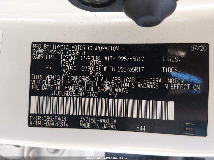 2020 Lexus Nx 300H VIN: JTJDJRDZ8L5010162 Lot: 44810782