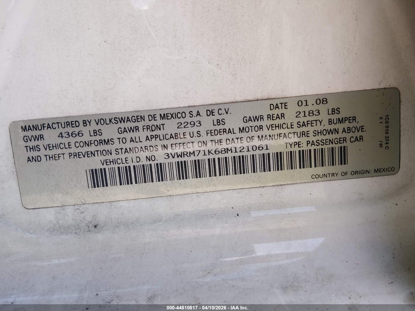2008 Volkswagen Jetta Se/Sel VIN: 3VWRM71K68M121061 Lot: 44810817