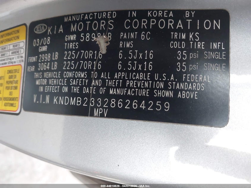 2008 Kia Sedona Lx VIN: KNDMB233286264259 Lot: 44810826