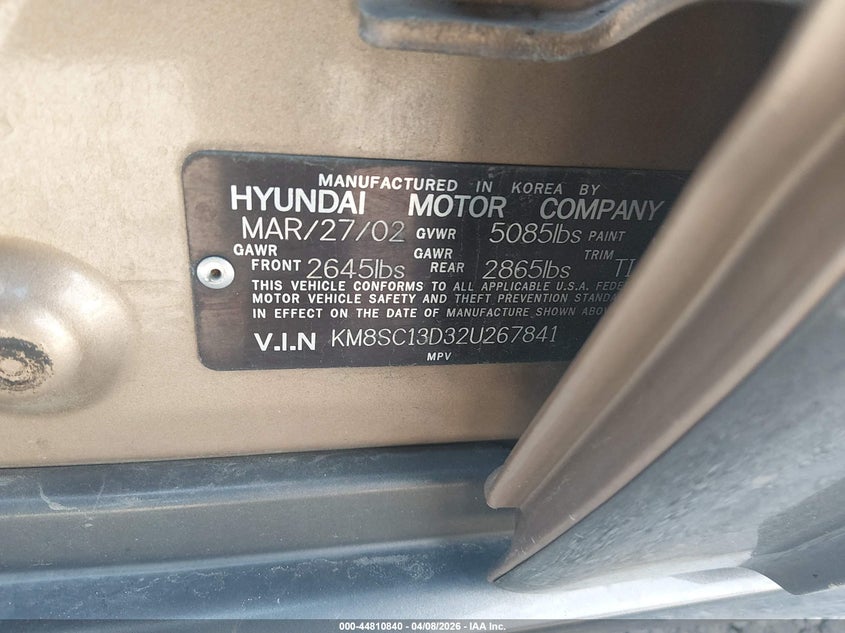 2002 Hyundai Santa Fe Gls/Lx VIN: KM8SC13D32U267841 Lot: 44810840