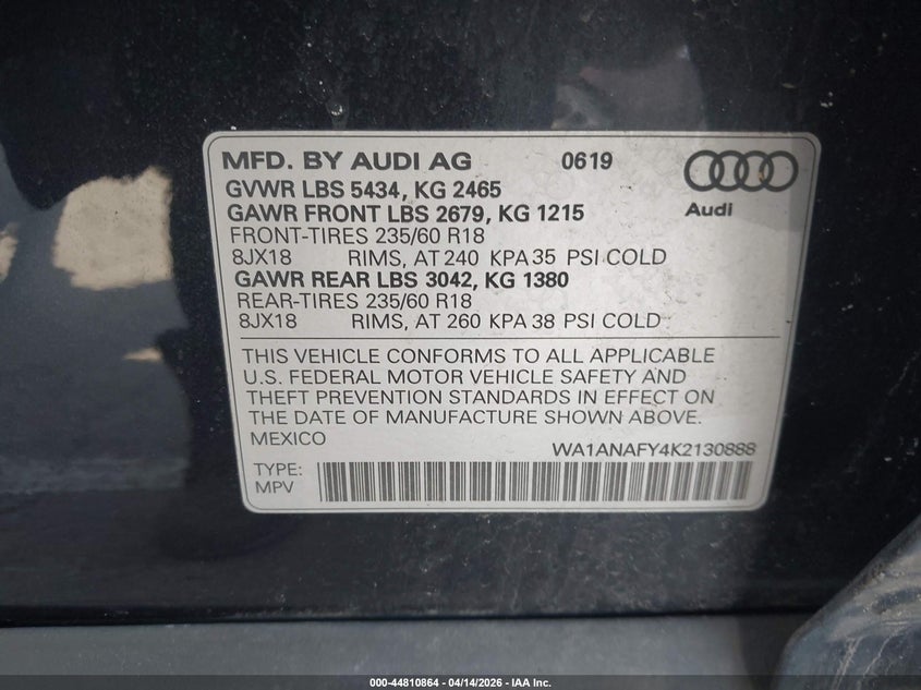 2019 Audi Q5 45 Premium VIN: WA1ANAFY4K2130888 Lot: 44810864