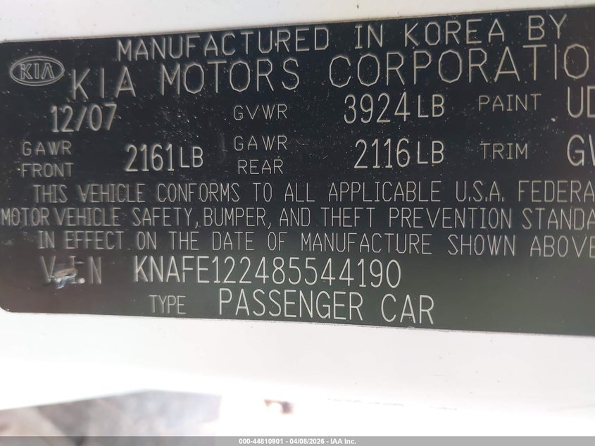 2008 Kia Spectra Ex VIN: KNAFE122485544190 Lot: 44810901