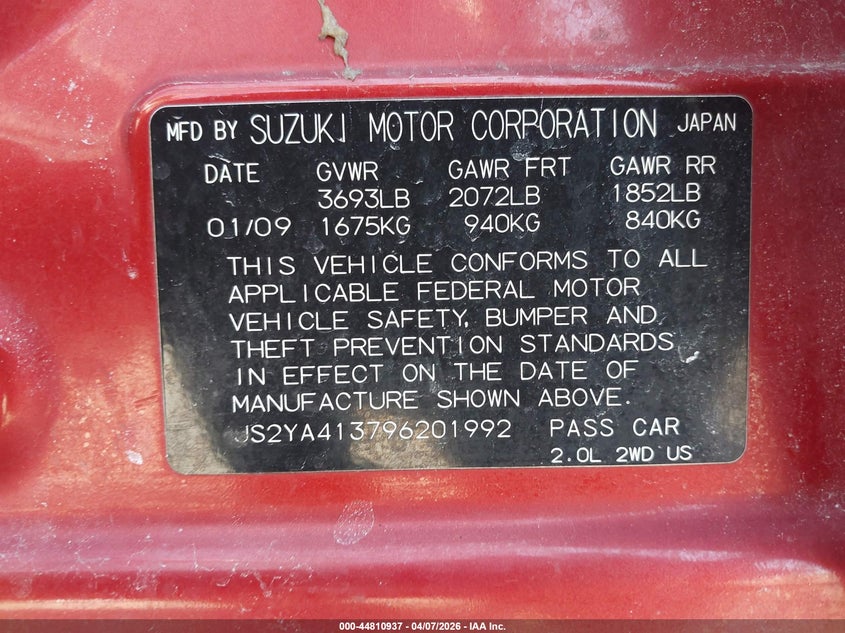 2009 Suzuki Sx4 Technology VIN: JS2YA413796201992 Lot: 44810937