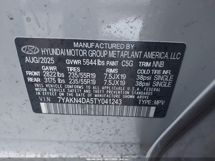 2026 Hyundai Ioniq 5 Sel VIN: 7YAKN4DA5TY041243 Lot: 44810942