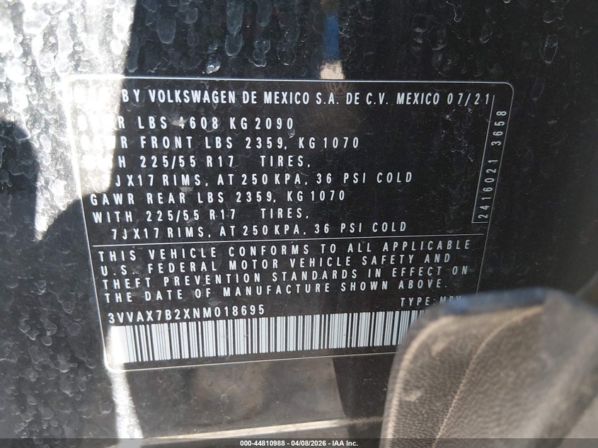 2022 Volkswagen Taos 1.5T S VIN: 3VVAX7B2XNM018695 Lot: 44810988