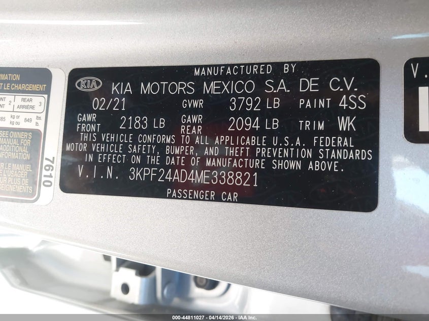 2021 Kia Forte Lxs VIN: 3KPF24AD4ME338821 Lot: 44811027