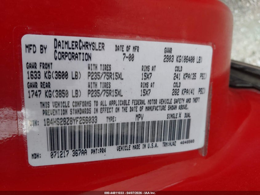 2000 Dodge Durango VIN: 1B4HS28Z8YF256033 Lot: 44811033