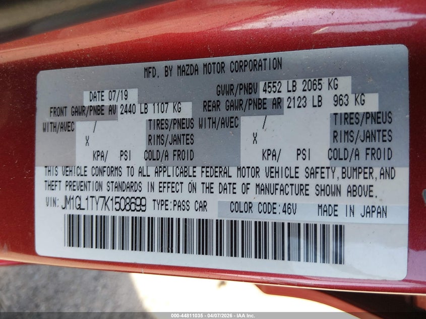 2019 Mazda Mazda6 Grand Touring VIN: JM1GL1TY7K1508699 Lot: 44811035