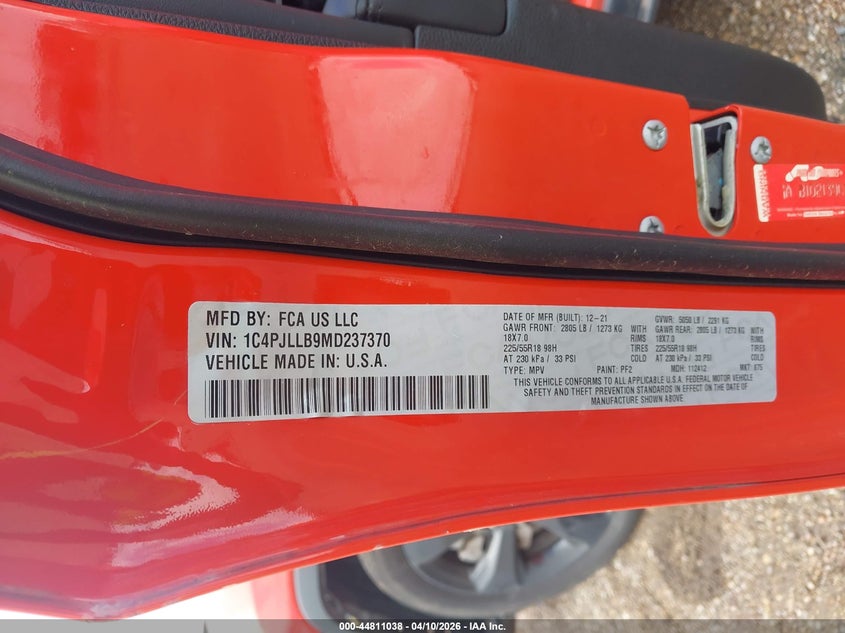 2021 Jeep Cherokee 2.4 Altitude Fwd orange Lot 111044811038 Vin 1C4PJLLB9MD237370