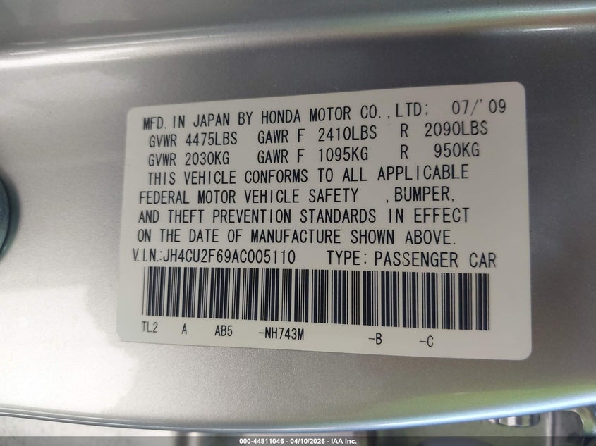 2010 Acura Tsx 2.4 VIN: JH4CU2F69AC005110 Lot: 44811046