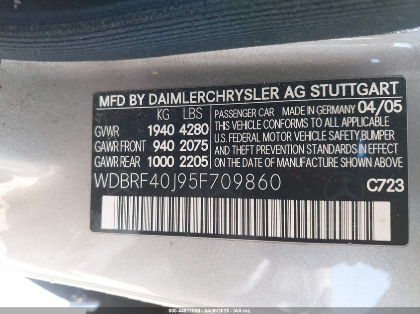 2005 Mercedes-Benz C 230 Kompressor Sport VIN: WDBRF40J95F709860 Lot: 44811056