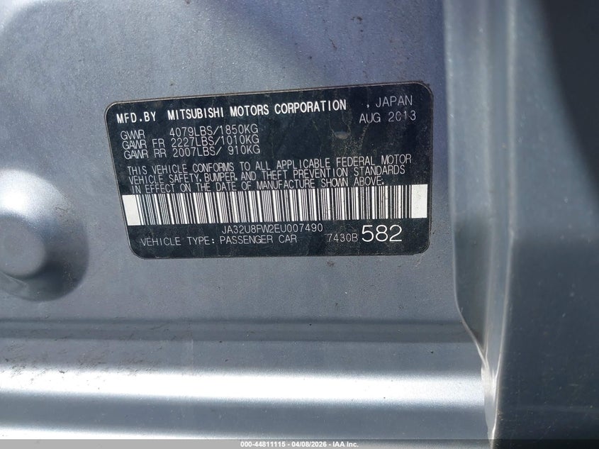 2014 Mitsubishi Lancer Gt VIN: JA32U8FW2EU007490 Lot: 44811115