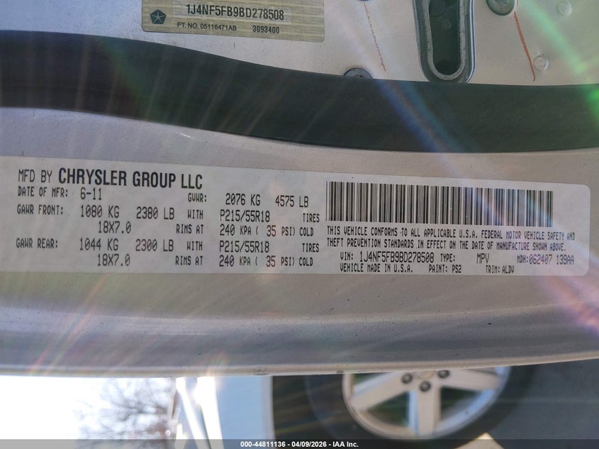 2011 Jeep Compass Limited VIN: 1J4NF5FB9BD278508 Lot: 44811136