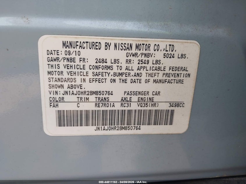 2011 Infiniti Ex35 Journey VIN: JN1AJ0HR2BM850764 Lot: 44811163