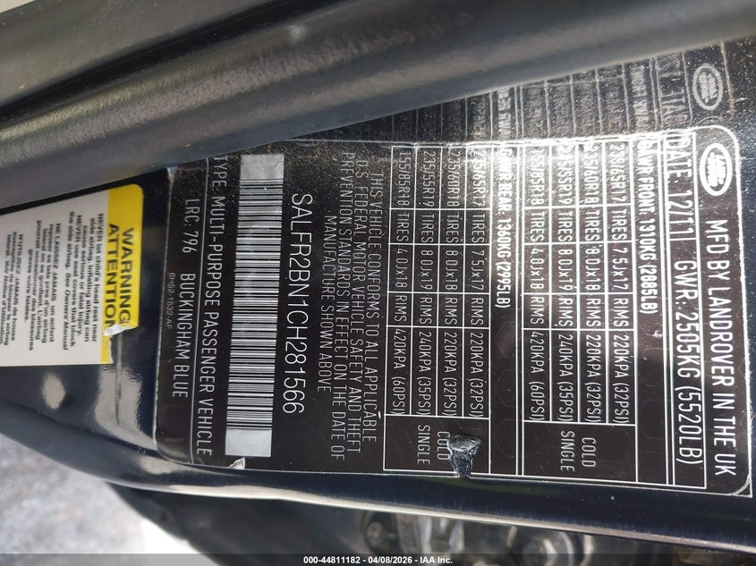 2012 Land Rover Lr2 VIN: SALFR2BN1CH281566 Lot: 44811182