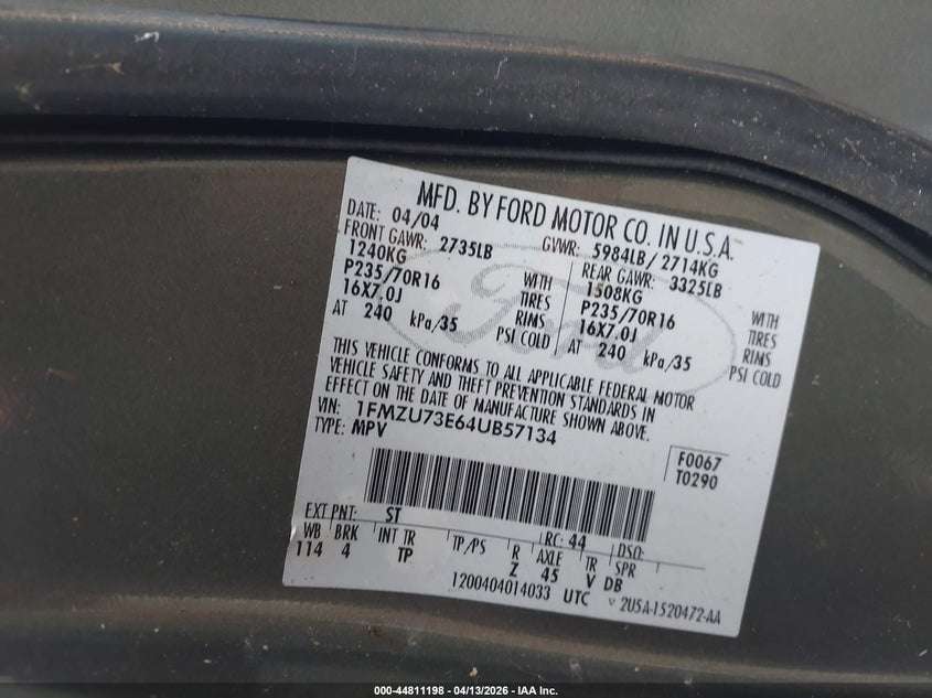 2004 Ford Explorer Nbx/Xlt VIN: 1FMZU73E64UB57134 Lot: 44811198