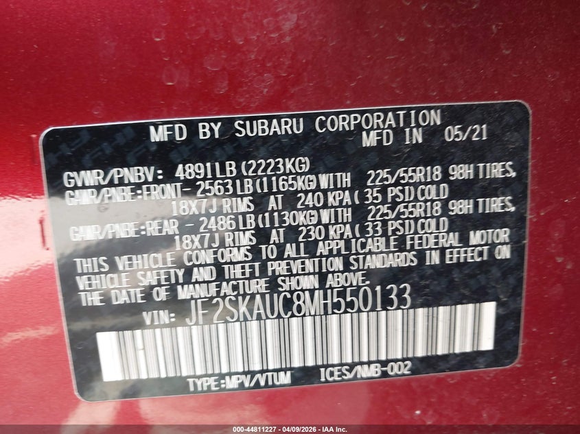 2021 Subaru Forester 2.5 Limited red Lot 111044811227 Vin JF2SKAUC8MH550133