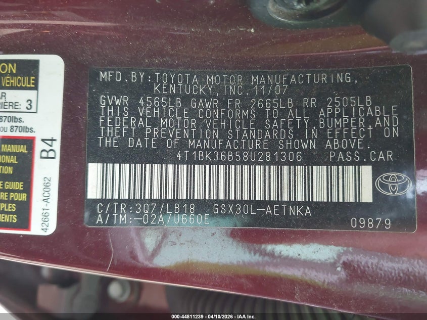2008 Toyota Avalon Touring VIN: 4T1BK36B58U281306 Lot: 44811239