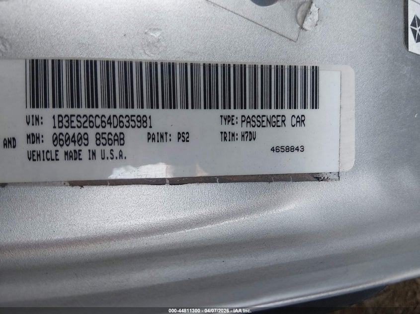 2004 Dodge Neon Se VIN: 1B3ES26C64D635981 Lot: 44811300