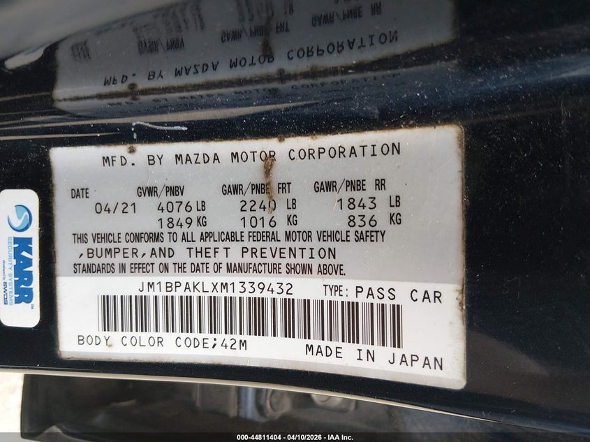 2021 Mazda Mazda3 Select VIN: JM1BPAKLXM1339432 Lot: 44811404