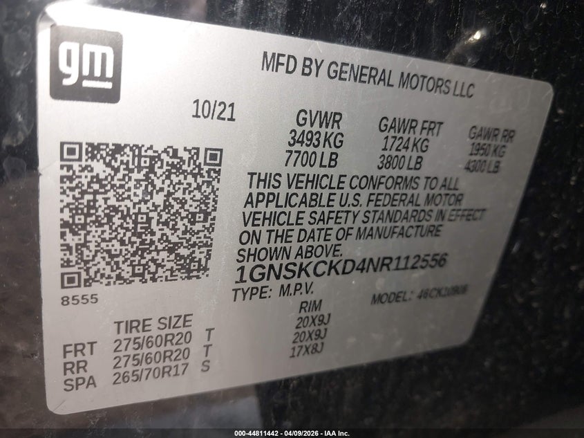 2022 Chevrolet Suburban 4Wd Lt VIN: 1GNSKCKD4NR112556 Lot: 44811442