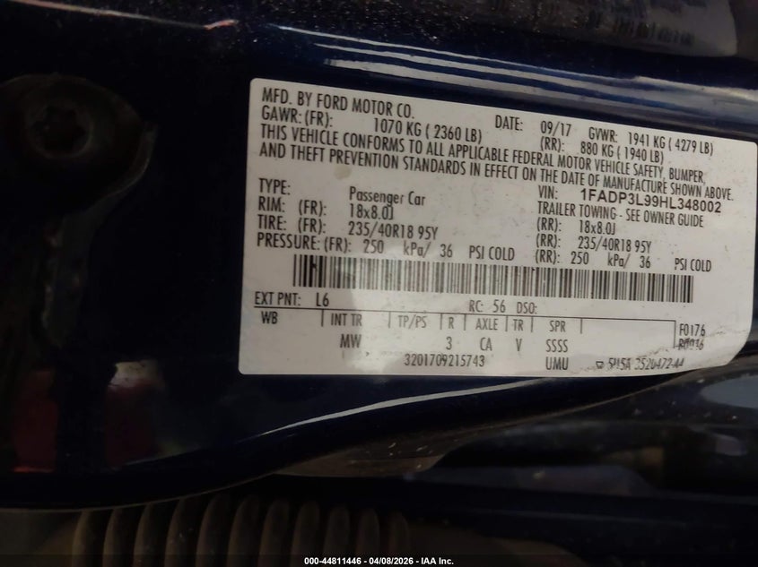 2017 Ford Focus St VIN: 1FADP3L99HL348002 Lot: 44811446