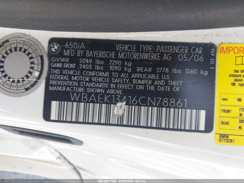 2006 BMW 650I VIN: WBAEK13416CN78861 Lot: 44811508