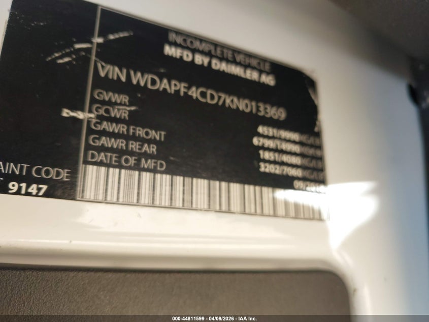 2019 Mercedes-Benz Sprinter 4500 Standard Roof V6 VIN: WDAPF4CD7KN013369 Lot: 44811599