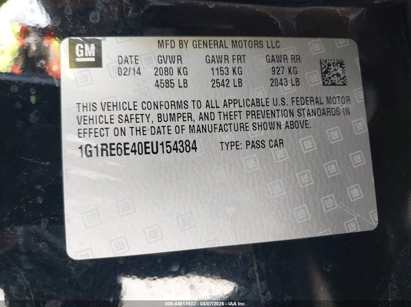 2014 Chevrolet Volt VIN: 1G1RE6E40EU154384 Lot: 44811602