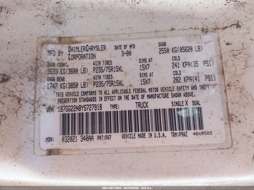 2000 Dodge Dakota Slt/Sport VIN: 1B7GG22N8YS727918 Lot: 44811604