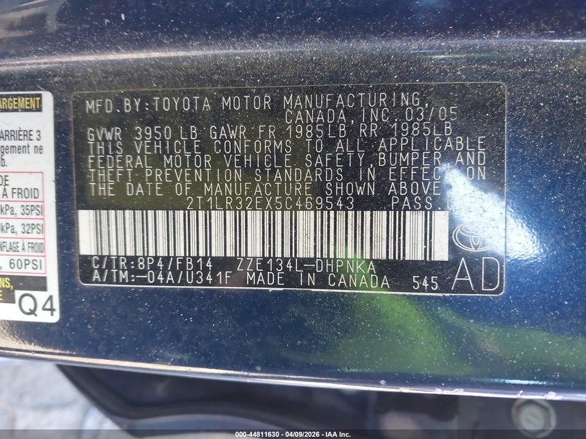 2005 Toyota Matrix Xr VIN: 2T1LR32EX5C469543 Lot: 44811630