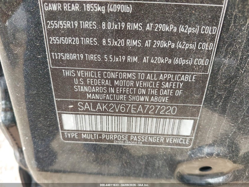 2014 Land Rover Lr4 VIN: SALAK2V67EA727220 Lot: 44811633