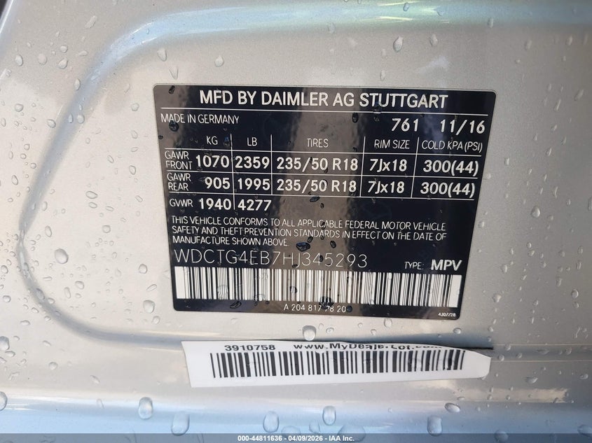 2017 Mercedes-Benz Gla 250 VIN: WDCTG4EB7HJ345293 Lot: 44811636