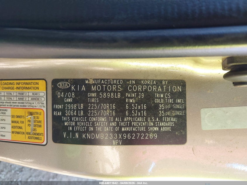 2009 Kia Sedona Lx VIN: KNDMB233X96272269 Lot: 44811642