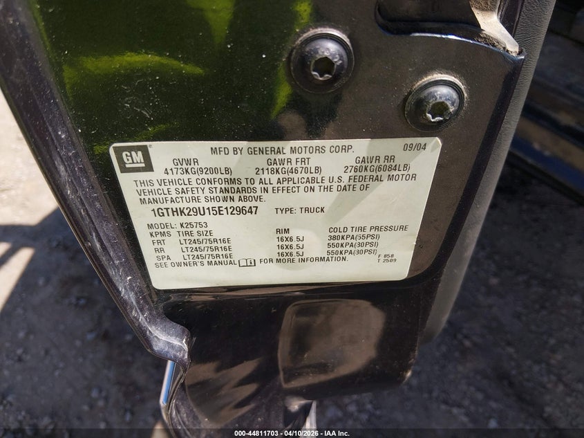 2005 GMC Sierra 2500Hd Sle VIN: 1GTHK29U15E129647 Lot: 44811703